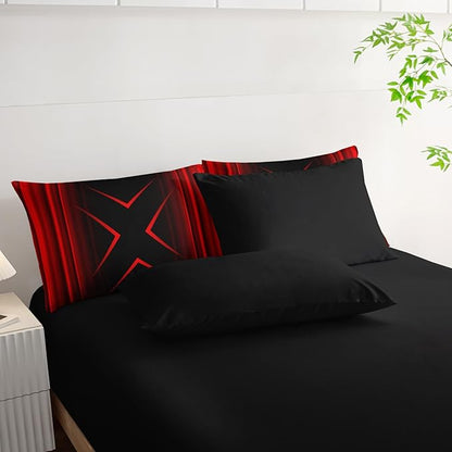 Red and Black Geometric Comforter Set King Size 7Pieces,3D Abstract Mordern Printed Bedding Set for Adults,Geometric Mordern Decor All Seasons with Pillowcases,Flat, Fitted Sheet