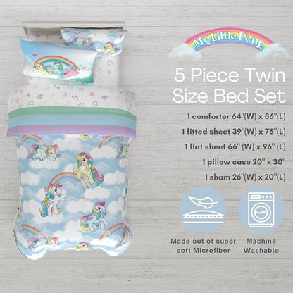 Franco Collectibles My Little Pony Classic Retro Unicorn Rainbow Bedding 5 Piece Super Soft Comforter and Sheet Set with Sham, Twin, (100% Official Licensed Product)