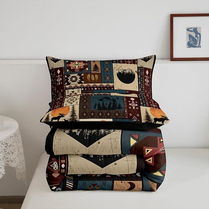Bohemian Deer Bedding Sets King Bear Wildlife Hunting Theme Comforter Cabin Decor Buffalo Plaid Grid Duvet Insert for Adult Women Men Retro Boho Xmas Pine Tree Down Comforter Geometric Quilt 3Pcs