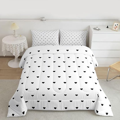Erosebridal White Black Comforter Set Cute Heart Pattern Bedding Set Girly Cartoon Love Geometric Down Comforter King Size Cute Quilt Set for Kids Girls Boys Teens Bedroom Decor Soft Duvet Set