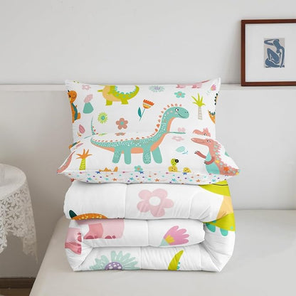 jejeloiu Kids Cartoon Dinosaur Bedding Set Toddle Size Cute Dinosaur Comforter Set for Boys Girls Teens Cute Flower Duvet Set Animal Quilt Set 2Pcs