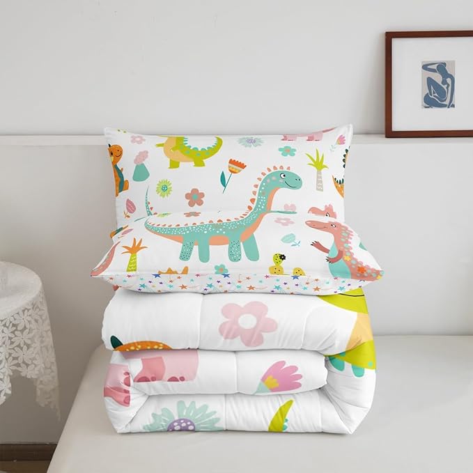 jejeloiu Kids Cartoon Dinosaur Bedding Set Full Size Cute Dinosaur Comforter Set for Boys Girls Teens Cute Flower Duvet Set Animal Quilt Set 3Pcs
