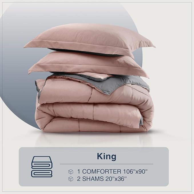 satisomnia King Size Comforter Set, Pink Bedding Comforters King Size, 3 Pieces Down Alternative Bed Comforter Lightweight, Soft Quilted Bed Set Breathable, Reversible All Season Bedding Sets