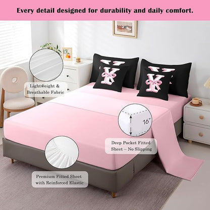 jejeloiu Kawaii Pink Bow King Comforter Set with Sheets,Gifts for Women Teen Girl,Monogrammed 7 Piece Bedding Set,Soft Personalized Initial Letter Y Bed in a Bag with Comforter,Sheets,Pillowcases