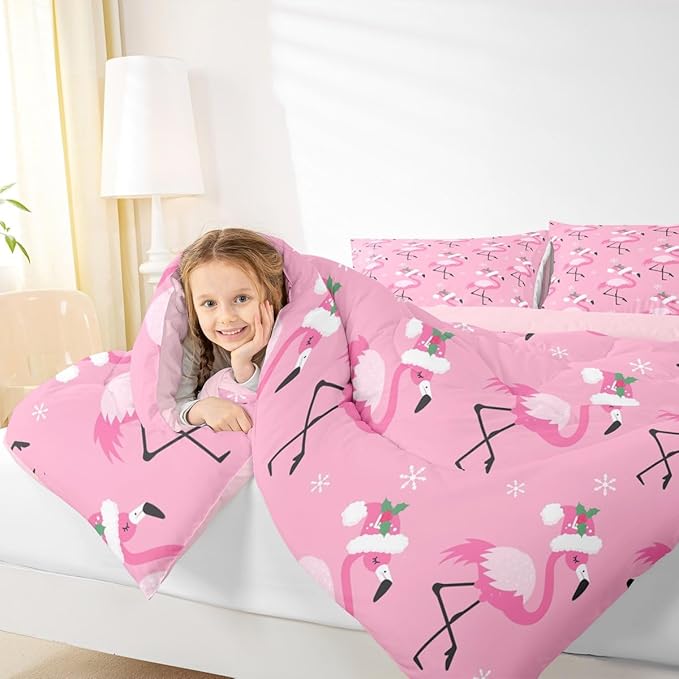 Merry Christmas Pink Bed Comforter Set Queen Size,Red Birds Wild Animal Super Soft Microfiber Bedding Set for Adults Teens,Flamingo Comforter Set,2 Pillowcases