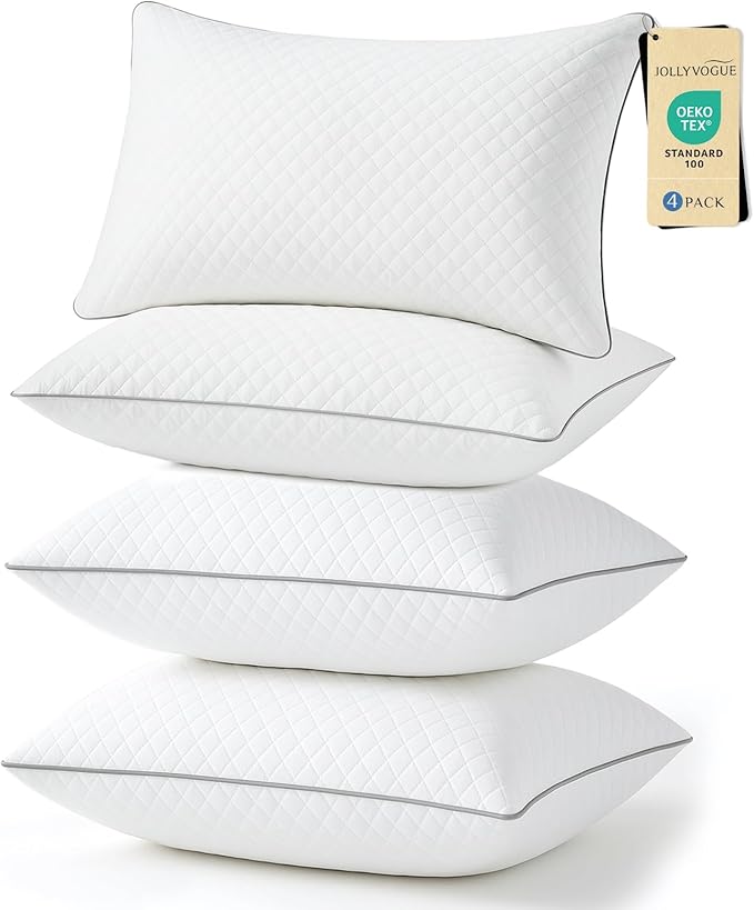 JOLLYVOGUE Pillows King Size Set of 4, Oeko-Tex Certified Bed Pillows for Side, Back, and Stomach Sleepers - Medium Support Down Alternative Filling, Machine-Washable