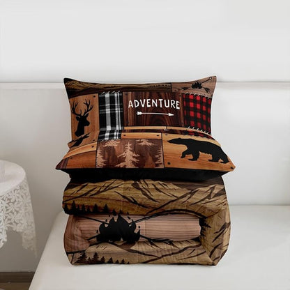 Feelyou Bear Deer Bedding Set Soft for Boys Girls, Wildlife Hunting Comforter Set Queen Size Rustic Cabin Duvet Quilt Microfiber Farmhouse Bedroom Decor 3 Pcs with 2 Pillow Cases