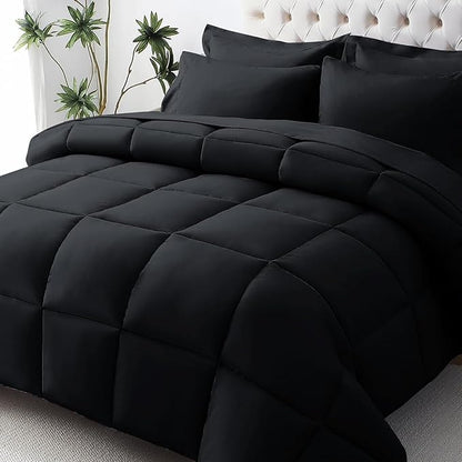 JOLLYVOGUE Full Comforter Set, Ultra-Soft Bed in a Bag Full Size 7 Pieces, Oeko-TEX Certified Bedding Set with Down Alternative Comforter, Sheets, Pillowcases & Shams, Black