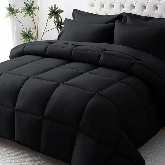 JOLLYVOGUE Twin Comforter Set, Ultra-Soft Bed in a Bag Twin Size 5 Pieces, Oeko-TEX Certified Bedding Set with Down Alternative Comforter, Sheets, Pillowcases & Shams, Black