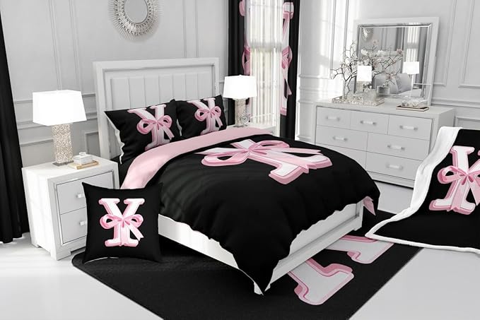 jejeloiu Kawaii Pink Bow Full Comforter Set with Sheets,Gifts for Women Teen Girl,Monogrammed 7 Piece Bedding Set,Soft Personalized Initial Letter Y Bed in a Bag with Comforter,Sheets,Pillowcases
