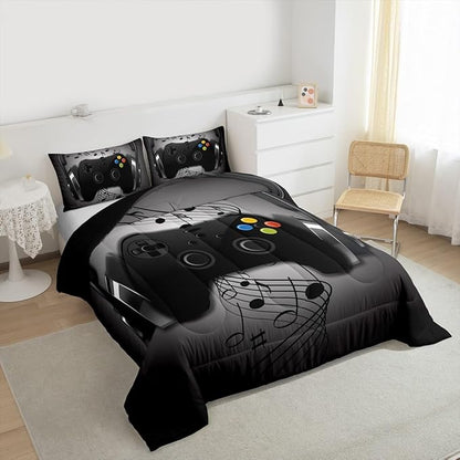 Gamer Comforter Set Twin Size,Black Grey Headphones Musical Design Games Gamepad Bedding Set for Kids Boys Video Game Room Decor Retro Playing Gamer Down Comforter Gaming Controller Quilted Duvet Set