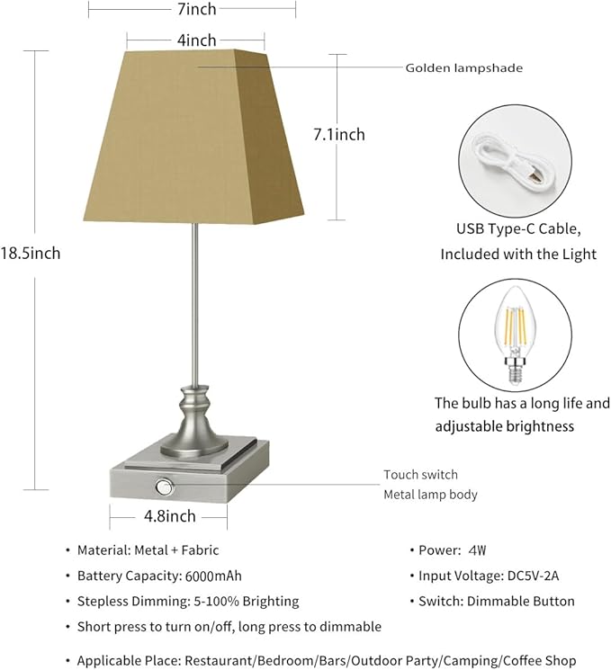 Rechargeable LED Table Lamps with Stepless Touch Control,Sliver Cordless Lamp for Living Room&Bedside&Patio&Shower,Small Desk Lamp(6000mAH Battery),2 Pack for Home Decor,Best Gifts for Family