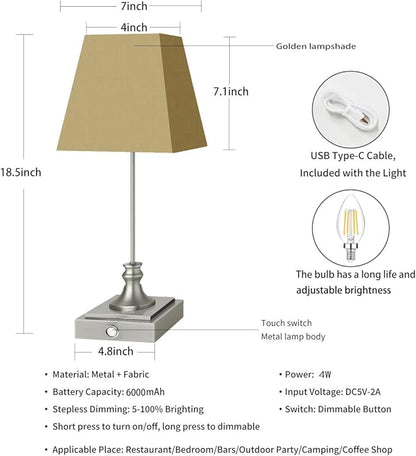 Rechargeable LED Table Lamps with Stepless Touch Control,Sliver Cordless Lamp for Living Room&Bedside&Patio&Shower,Small Desk Lamp(6000mAH Battery),2 Pack for Home Decor,Best Gifts for Family