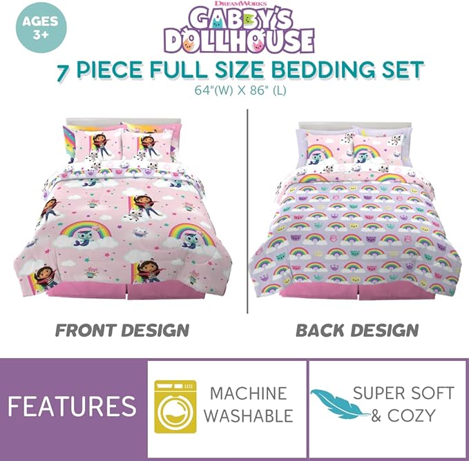 Gabby's Dollhouse Kids Full Size Bedding, 7 Piece Super Soft Cozy Reversible Comforter and Sheet Set with Sham, (Officially Licensed Product) by Franco