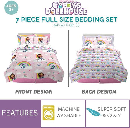 Gabby's Dollhouse Kids Full Size Bedding, 7 Piece Super Soft Cozy Reversible Comforter and Sheet Set with Sham, (Officially Licensed Product) by Franco