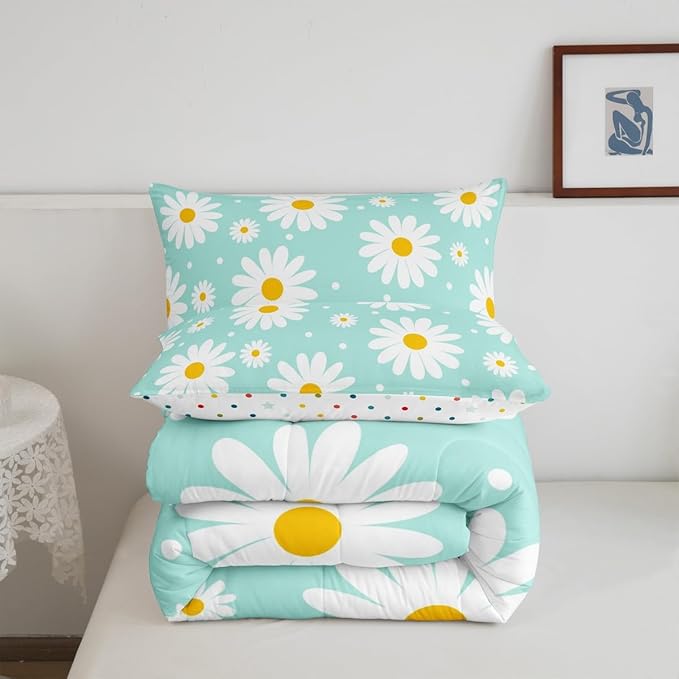 Erosebridal Teal Floral Comforter Set Cute Daisy Girly Bedding Set Garden Plants Cartoon Flowers Comforter King Size for Kids Teen Adults,Modern Aesthetic Decor Bed Set 2 Pillow Cases