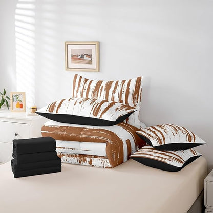 Erosebridal 7Pcs Brown and White Geometric Comforter Set Full,Modern Abstract Striped Bedding with Bed Sheets,Boho Graffiti Watercolor Quilt Set for Women Men,Contemporary Aesthetic Art Bed in A Bag