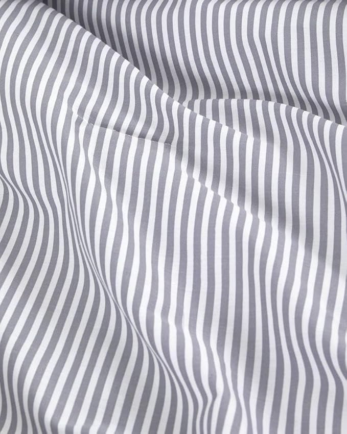 Wake In Cloud - Striped Comforter Set, 100% Cotton Fabric, Ticking Stripe Vertical Pinstripe Neutral Farmhouse Aesthetic, 3 Pieces Bedding Set, Gray, Queen Size