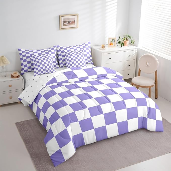 Checkered Retro Comforter Set with Sheets 7 Piece Full Size Purple Plaid Bedding Set for Kids Boys Girls Geometric Vintage Bed in a Bag Modern Simple Groovy Aesthetic Room Decor Soft