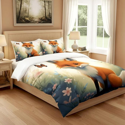 Fox Comforter Set Queen Size, Cute Animal Print Microfiber Bedding Set, Cozy Fairy Tale Bedroom Decor for Adult/Women