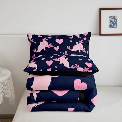 Feelyou Axolotl Comforter Set Toddler Size Heart Comforter for Boys Girls Teens Cute Axolotl Bedding Set Cartoon Salamander Duvet Set Room Decor Navy Blue Pink Quilt Set