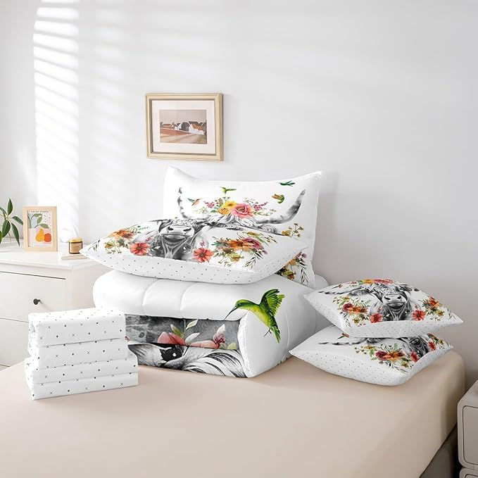 Erosebridal Highland Cow Floral Comforter Set 7 Piece Twin Size Bull Cattle Flower Bed in a Bag Wildlife Farmhouse Cow Quilt Set Hummingbird Sheet Set Soft Reversible All Season White Bedding Set