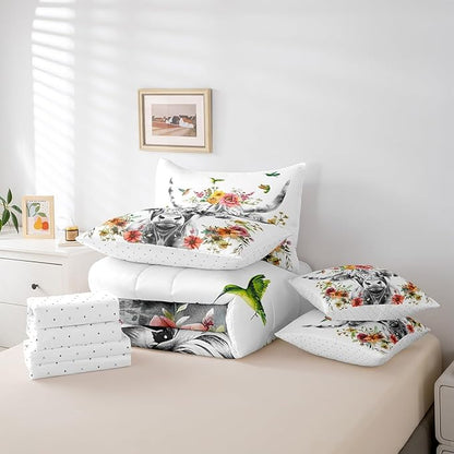 Erosebridal Highland Cow Floral Comforter Set 7 Piece Twin Size Bull Cattle Flower Bed in a Bag Wildlife Farmhouse Cow Quilt Set Hummingbird Sheet Set Soft Reversible All Season White Bedding Set