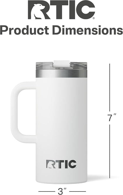 RTIC 16oz Road Trip Travel Mug with Lid and Handle, Ceramic Lined, Insulated, Stainless Steel, Metal, Double Wall Vacuum-Insulation, Portable Coffee, Tea Cup for Hot and Cold Drink, White