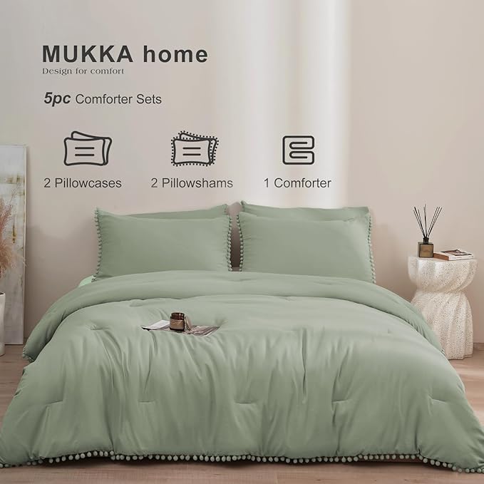 MUKKA Queen Comforter Set 5-Piece Comforter Sage Green Queen Size, Boho Pom Pom Fringe Comforter Sets Queen Size, Bedding Comforter Sets with 2 Pillowcases,2 Pillowshams