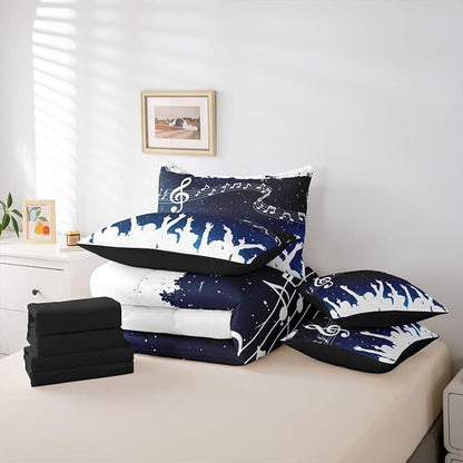 Erosebridal Music Note Stave White Blue King 7-Piece Comforter Set | Starry Sky Sheets and Pillowcases Piano Swirl Guitar Bed in A Bag Aesthetic Kids Adults Bed Sets