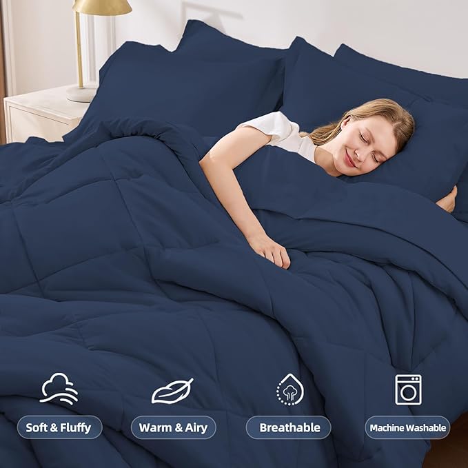 FUANNA 7 Pieces Queen Comforter Set, All Season Bed in a Bag Queen Size, Luxury Soft Bedding Sets with Comforter, Flat Sheet, Fitted Sheet, Pillowcases & Pillow Shams, Navy Blue