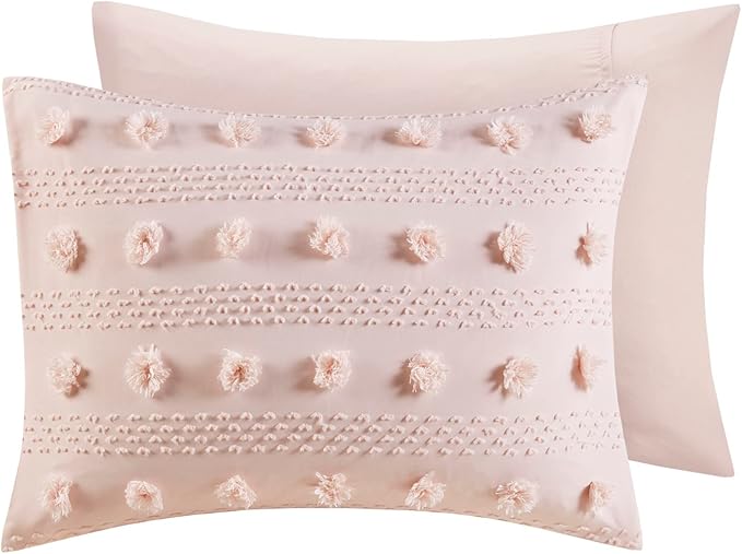 Intelligent Design Queen Comforter Set, Clipped Jacquard Comforter Set Chic Pompoms Accent, All Seasons Lightweight & Fluffy Comforter Bed Set with 2 Shams, Lucy, Full/Queen Pink 3 Piece