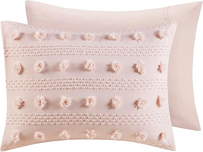 Intelligent Design Queen Comforter Set, Clipped Jacquard Comforter Set Chic Pompoms Accent, All Seasons Lightweight & Fluffy Comforter Bed Set with 2 Shams, Lucy, Full/Queen Pink 3 Piece