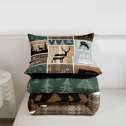 Retro Cabin Comforter Set 2Pcs, Pine Tree Buffalo Plaid Quilt Bear Deer Elk Bedding, Forest Wildlife Woodland Animals Duvet Insert Hunting Lodge Country Rustic Farmhouse Bedroom Decor, Twin Size