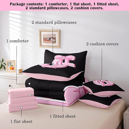 jejeloiu Kids Girls Black Pink Bow Comforter Set with Sheets Full Size Monogrammed 7 Piece Bedding Set Personalized Initial G Bed in a Bag with Comforter,Sheets,Pillowcases Modern Fashion Bed Set