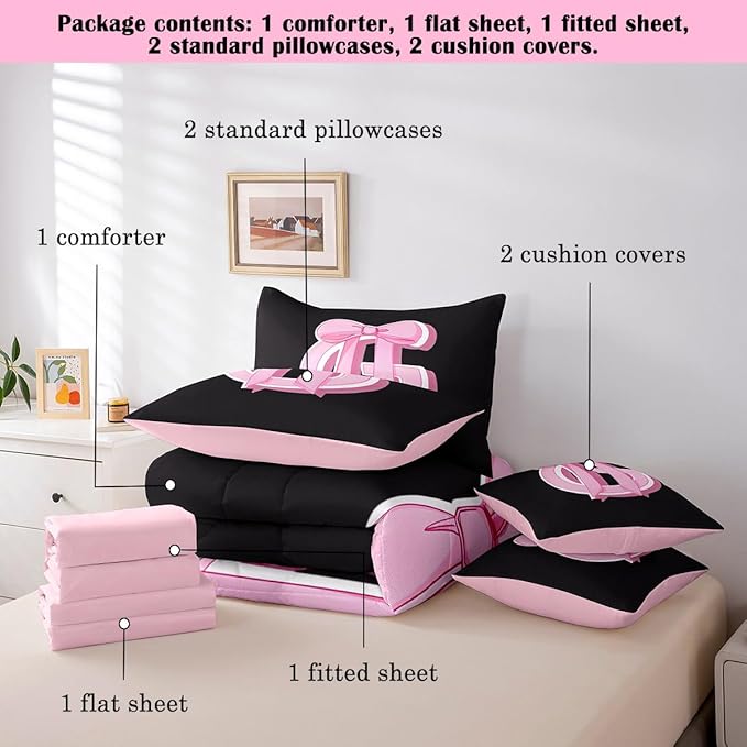jejeloiu Kids Girls Black Pink Bow Comforter Set with Sheets Twin Size Monogrammed 7 Piece Bedding Set Personalized Initial G Bed in a Bag with Comforter,Sheets,Pillowcases Modern Fashion Bed Set