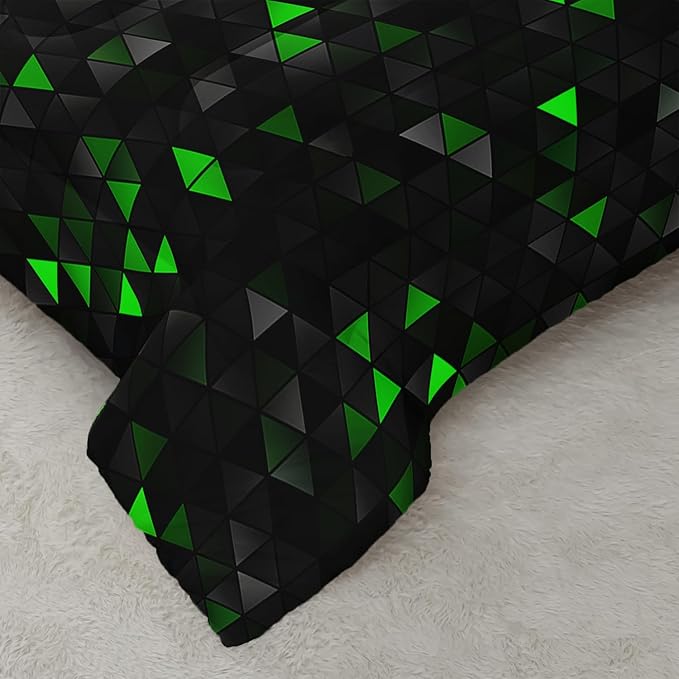 Geometric Green Black Comforter Set,Triangle Honeycomb 3 PCS Bedding Set Queen Size for Teen Adult,Modern Quilt Set Geometry Decor,Microfiber Lightweight 1 Comforter 2 Pillowcases