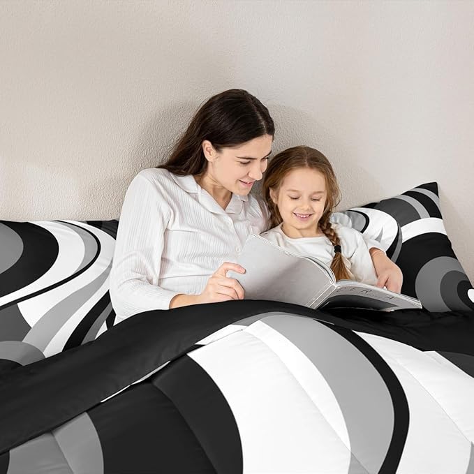 Gray Black White Spiral King Bedding Set for Adult Women Men Modern Swirls Stripes Abstract Comforter Sets for Minimalists Boho Aesthetic Geometric Bed Sets Graffiti Art Lines Quilt Sets