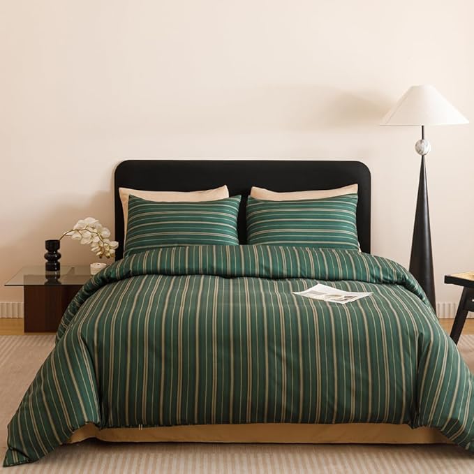 CLOTHKNOW Green Striped Full Size Comforter Sets Ticking Farmhouse Bedding Comforter Sets Hunter Green Comforter Boho Soft with 2 x Pillow Cases