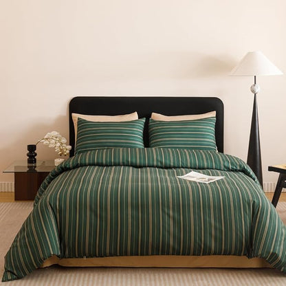 CLOTHKNOW Green Striped Queen Comforter Set Farmhouse Bedding Comforter Sets Ticking Comforter Queen Hunter Green Comforter Soft Boho