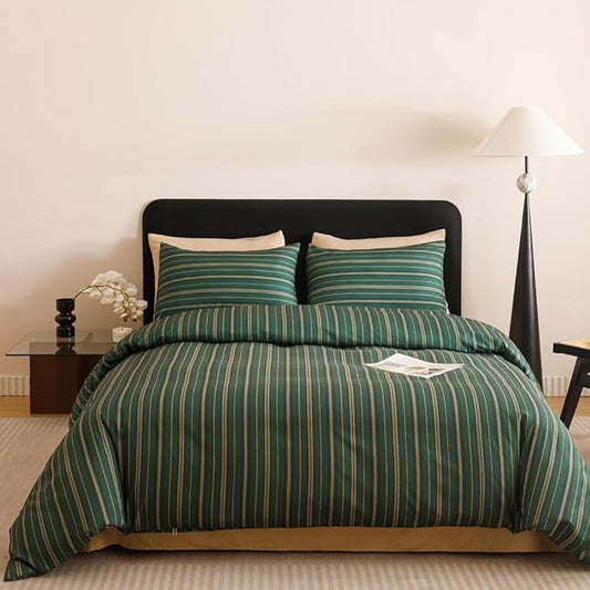 CLOTHKNOW Green Striped King Size Comforter Set Farmhouse Bedding Comforter Sets Ticking Farmhouse Comforter with 2 x Pillow Cases