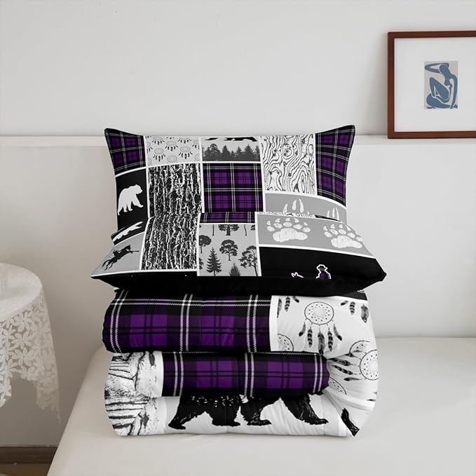Erosebridal Western Cowboy Comforter Set Toddler,Southwest Rustic Farmhouse Bedding Western Bedroom Decor,Hunting Bear Horse Duvet Insert,Dream Catcher Arrow Wildlife Print Quilt Plaid Decor,Purple