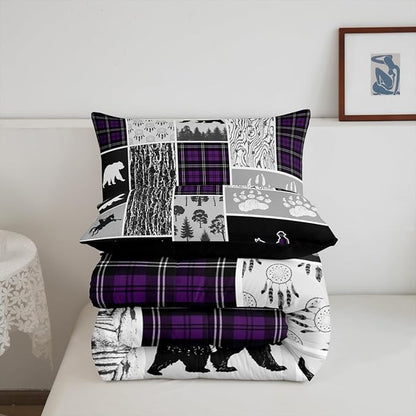 Erosebridal Western Cowboy Comforter Set Toddler,Southwest Rustic Farmhouse Bedding Western Bedroom Decor,Hunting Bear Horse Duvet Insert,Dream Catcher Arrow Wildlife Print Quilt Plaid Decor,Purple
