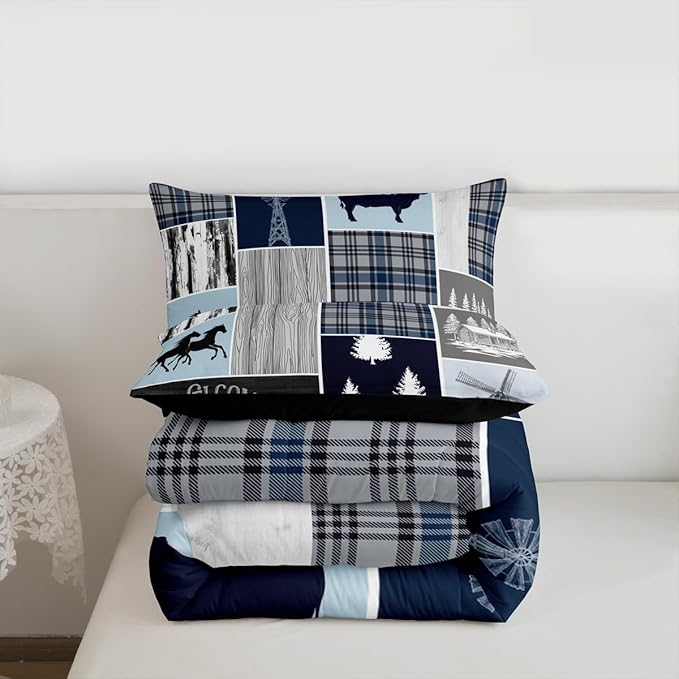 Erosebridal Farmhouse Horse Quilt, Rustic Windmill Comforter Set Queen Lodge Cabin Patchwork Bedding Set for Kids Teens Adult, Farm Animal Cowboys Horseshoe Down Comforter, 2 Pillow Cases, Grey Blue