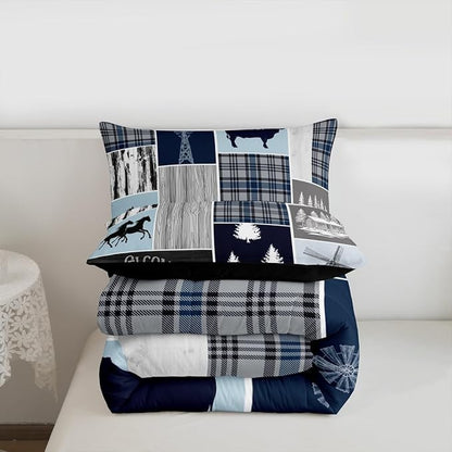 Erosebridal Farmhouse Horse Quilt, Rustic Windmill Comforter Set King Lodge Cabin Patchwork Bedding Set for Kids Teens Adult, Farm Animal Cowboys Horseshoe Down Comforter, 2 Pillow Cases, Grey Blue