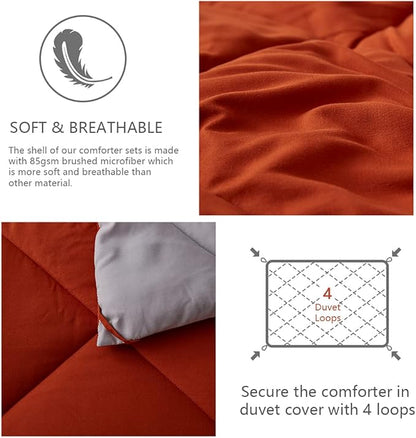 NexHome King Size Comforter Set Burnt Orange&Light Grey, 3 Pieces Lightweight Reversible Comforter King Size, All Season Fluffy Down Alternative Comforter Bed Set Quilt Blanket