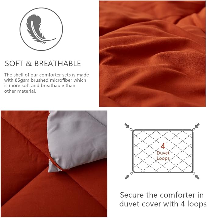 NexHome Twin Comforter Set Burnt Orange&Light Grey,2 Pieces Lightweight Comforters Twin Size Reversible Bedding Comforters Sets,Down Alternative Comforter Bed Set Quilt Blanket