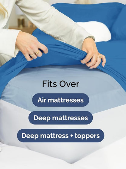 Extra Deep Split King Sheet Set - 7 Piece Breathable and Cooling Sheets - Hotel Luxury Bedding for Women, Men, Kids & Teens - Easy Secure Fit - Soft & Wrinkle Free - Extra Deep Pockets - Royal Blue