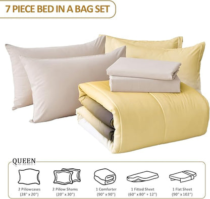Anibedding 7 Pieces Gradient Yellow Comforter Set - Lightweight Grey and Yellow Ombre Bed in a Bag Set, All Season Down Alternative Light Grey Abstract Bedding Set for Teen Boys Girls Women (90" x90")