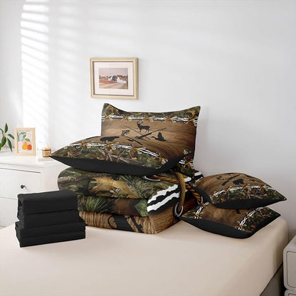 Hunting Comforter Set King Size Comforter Set with Sheets | Bass Fish Duck Bear Deer 7 Piece Bedding Sets Camo Country Fishing Bed in a Bag, Farmhouse Woodland Animals Room Decor,Rustic Cabin Decor